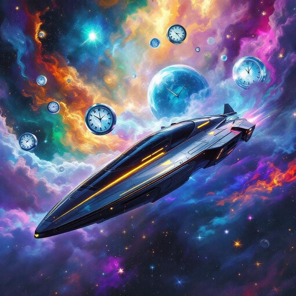 Sleek Spaceship Navigates Nebula with Floating Clocks