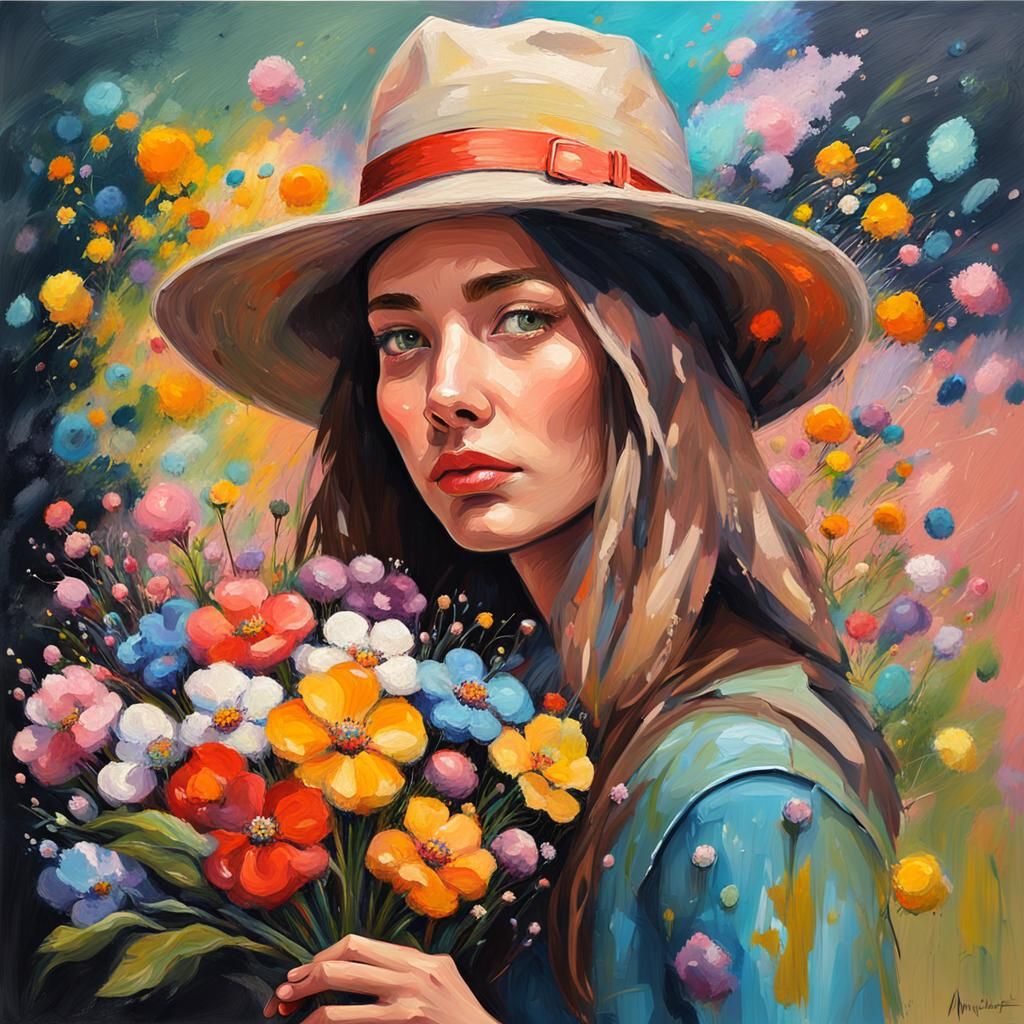 Floral Girl Portrait in Impasto Oil Paint Style