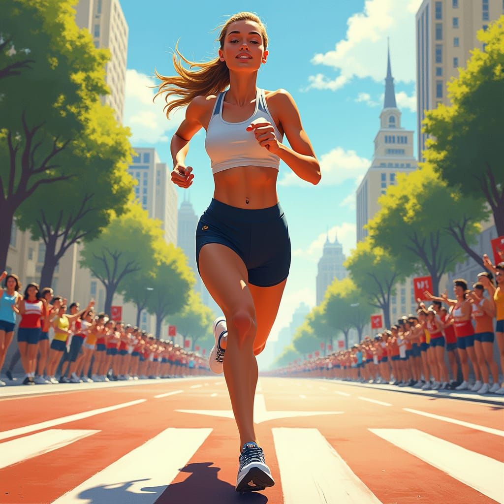 Woman Sprinting in Urban Marathon, Energetic Art Style