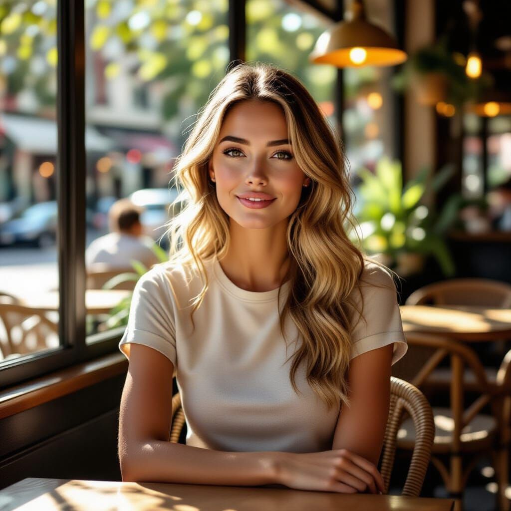 Blonde Woman at Cafe in Impressionist Oil Painting Style
