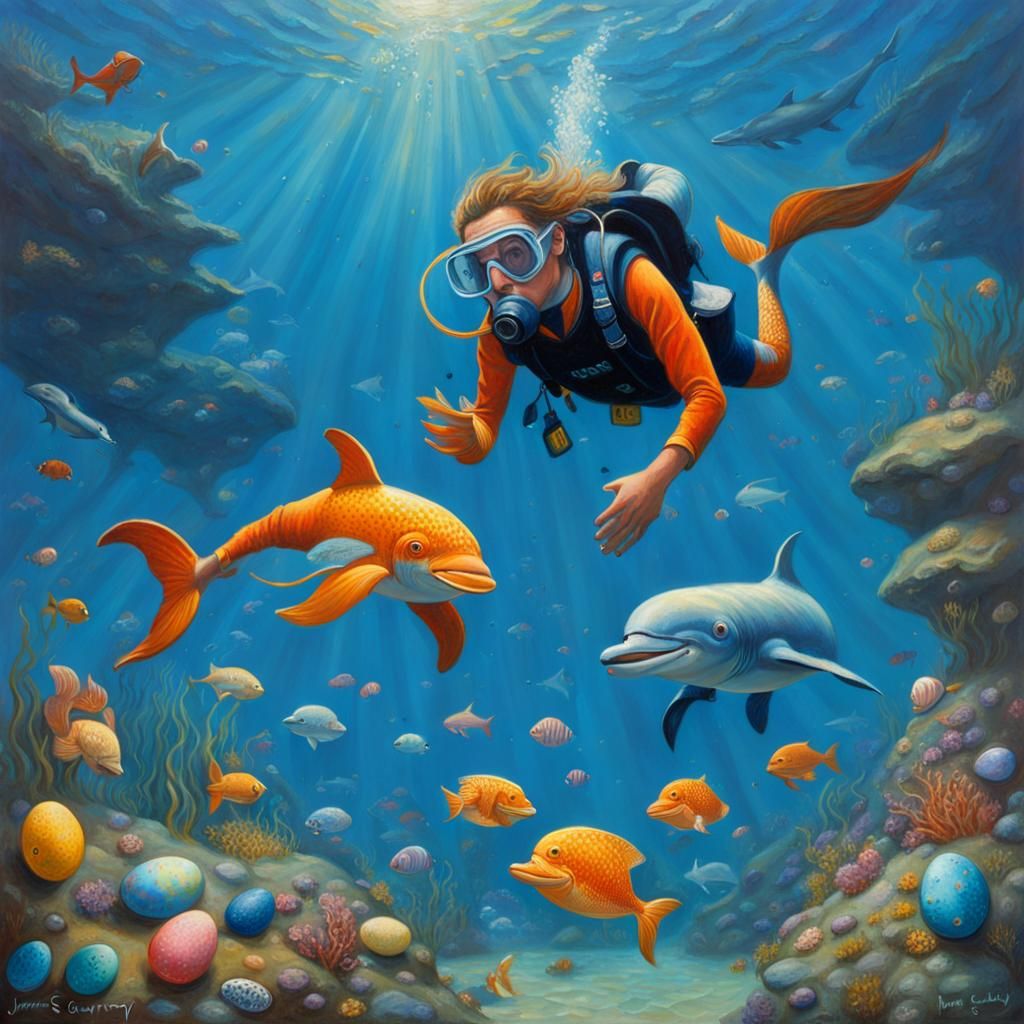 Underwater Easter Egg Hunt with Mermaids, Oil Painting