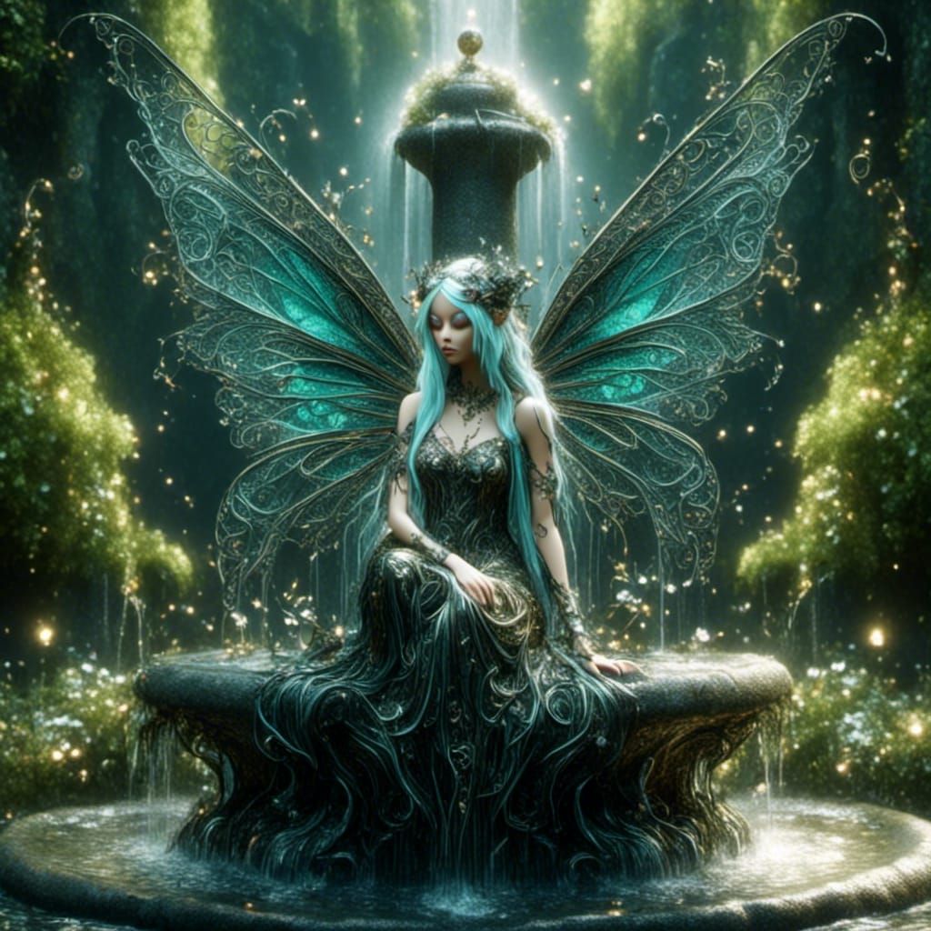 Fairy with Filigree Wings in Surreal Garden