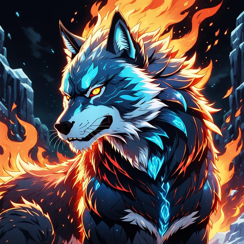 Fiery Icy Wolf in Anime Style