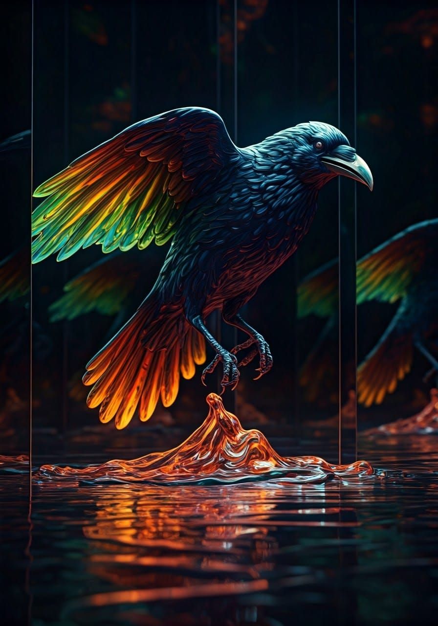 Rainbow Raven Flies Through Mirrored Reflections