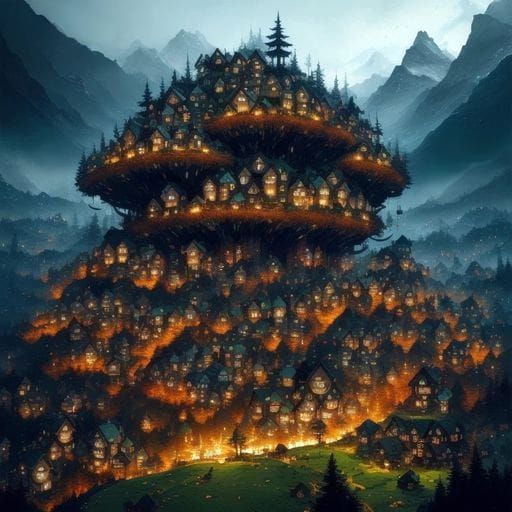 Detailed Mushroom Village in Hyperrealistic Style
