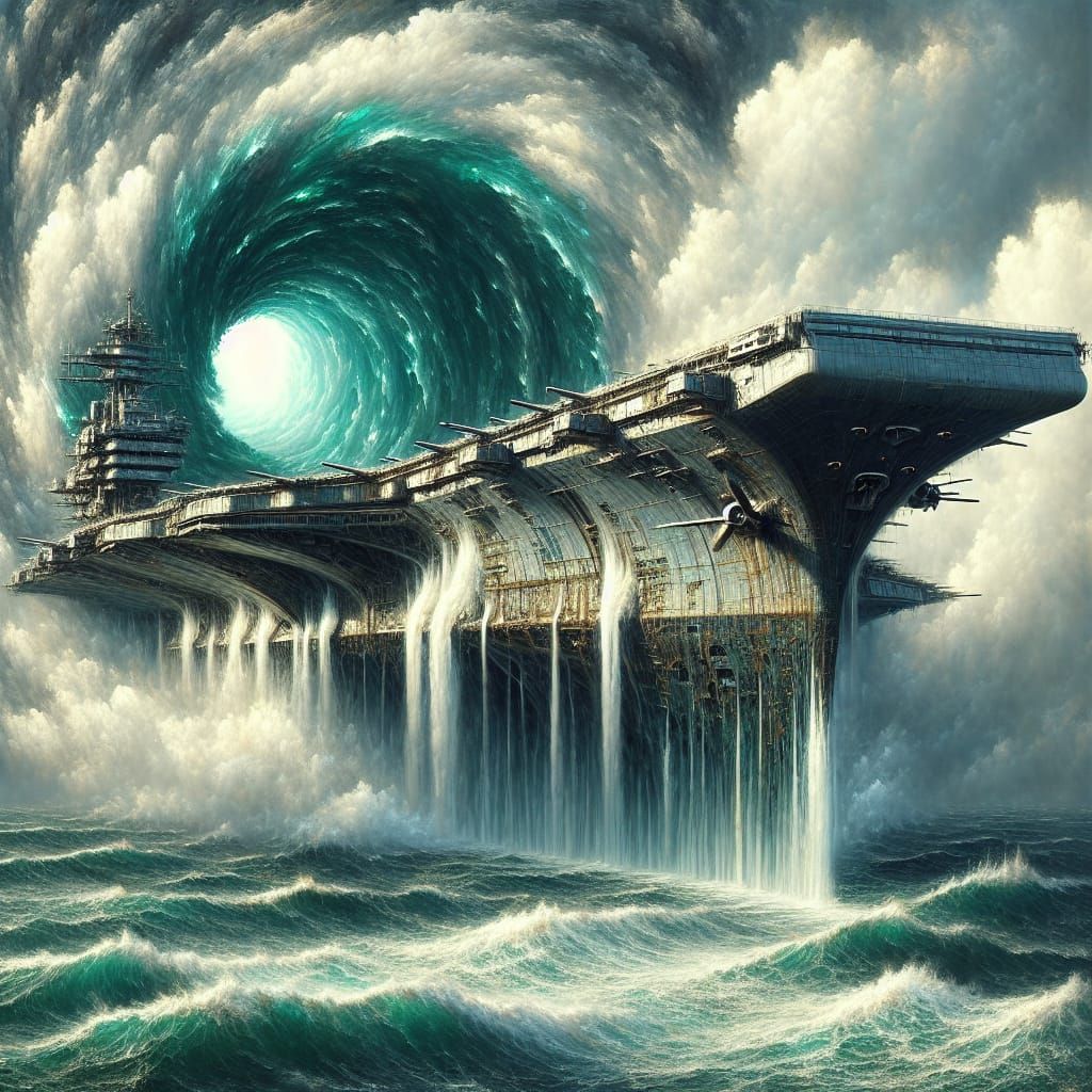 Sleek Aircraft Carrier Emerges from Swirling Storm, Portal U...
