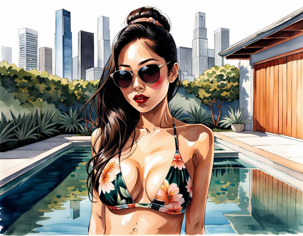 Japanese Woman in Pool with LA Skyline, Hyperrealism