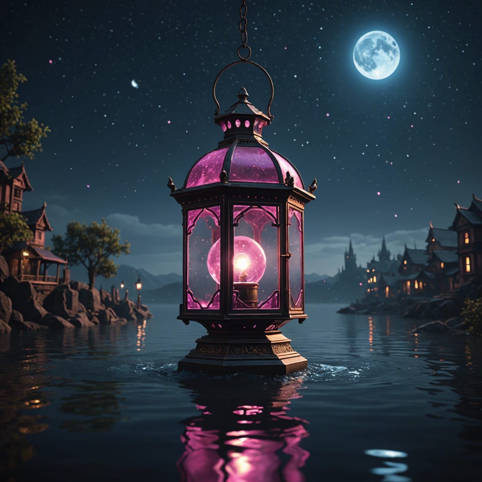 Pink Lantern Shines in Dark Sky, Digital Art