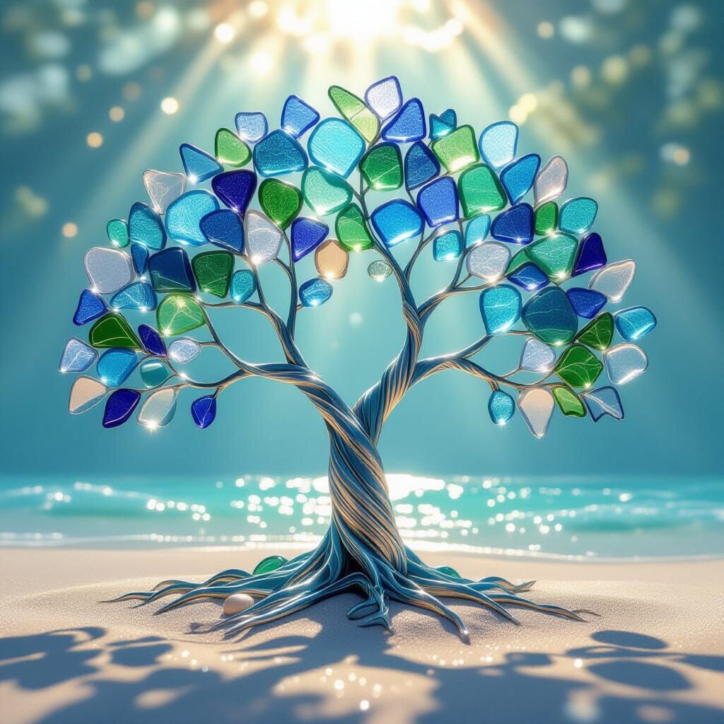Ethereal Sea Glass Tree Sculpture in Digital Painting Style