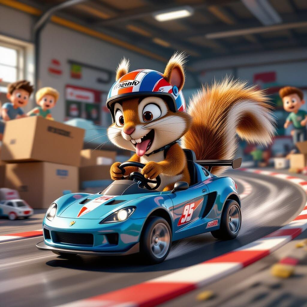 Squirrel Race Car Driver in Pixar Style