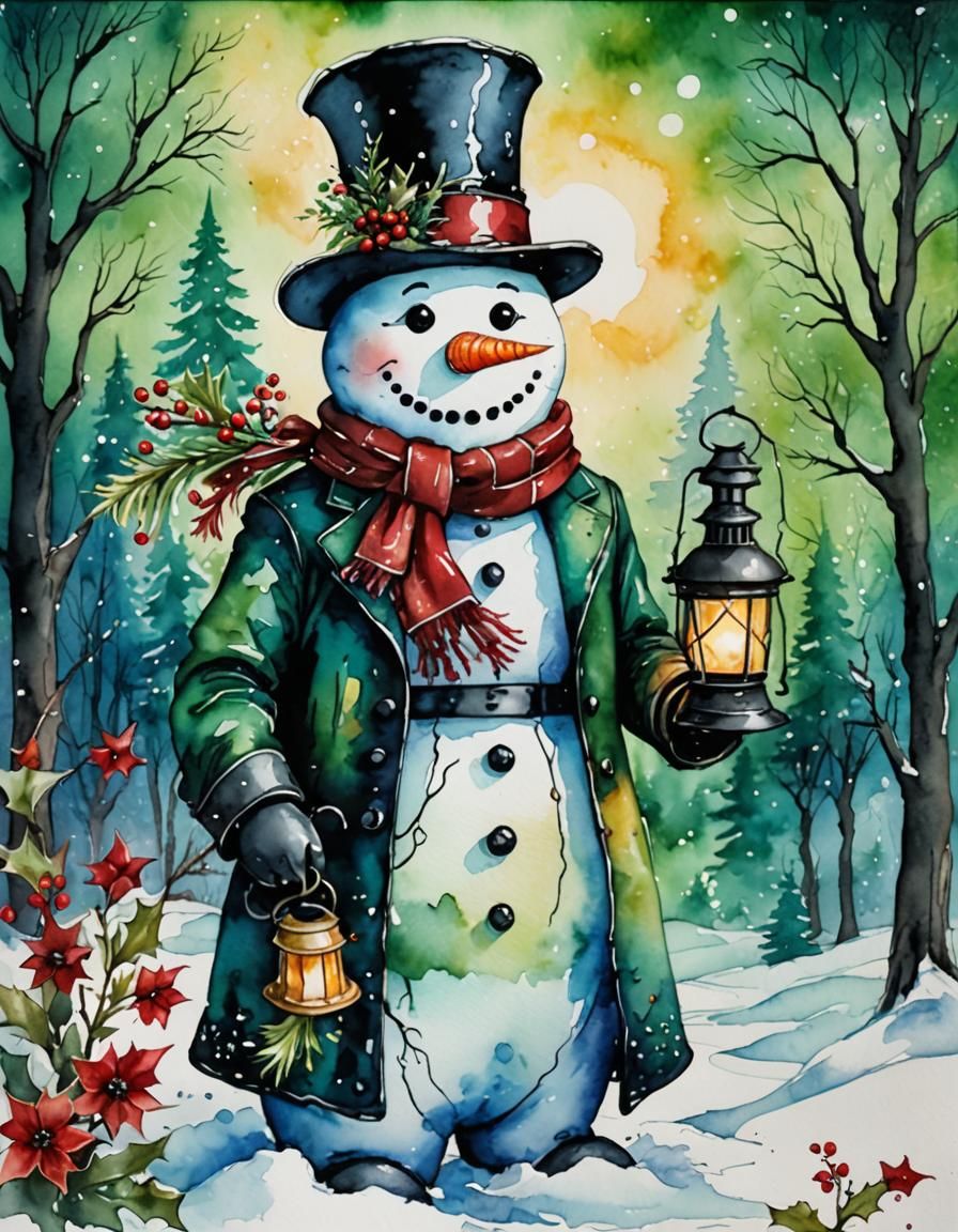 Festive Snowman with Lantern in Watercolor Style