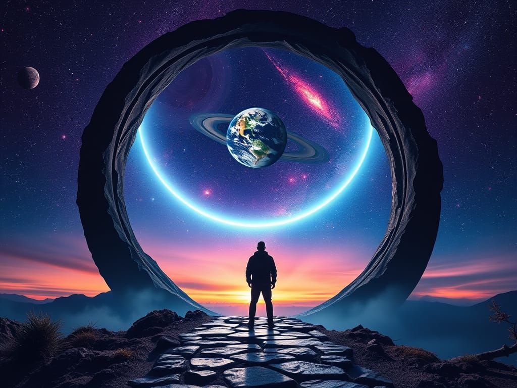 Man Contemplates Cosmic Portal to Starry Galaxy Landscape