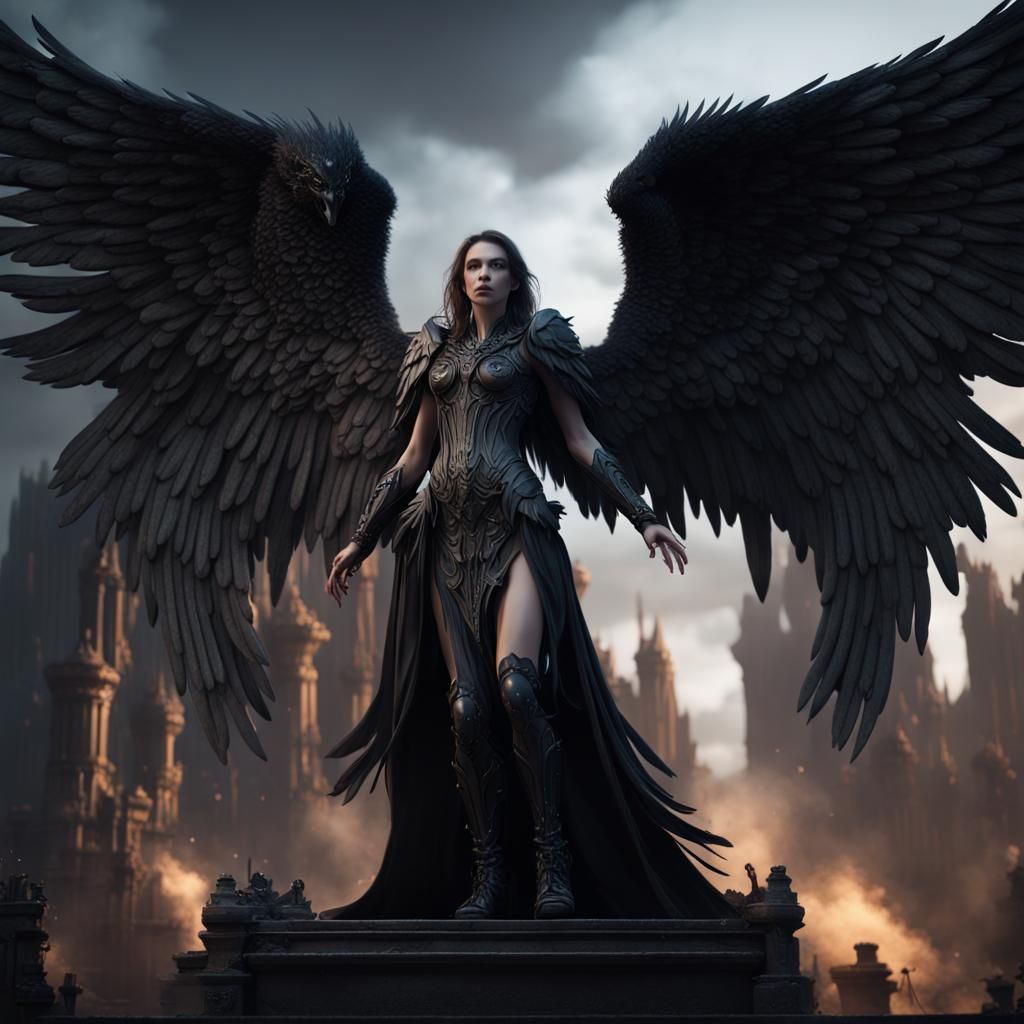 Dark Angel with Black Wings in Detailed Matte Painting
