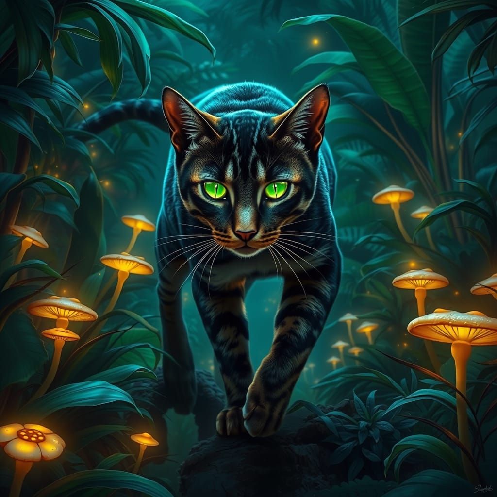 Sleek Tabby Cat Prowls Bioluminescent Jungle