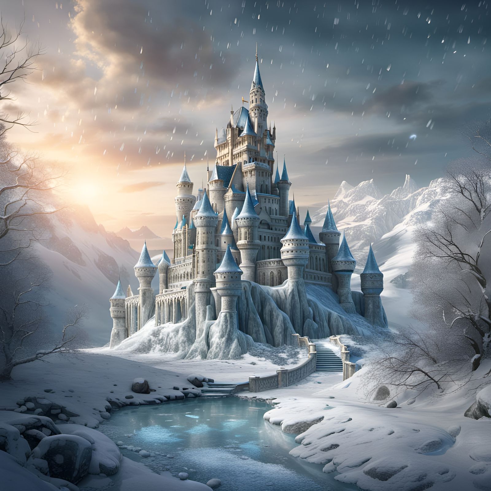 Fairytale Ice Castle in Snowy Landscape