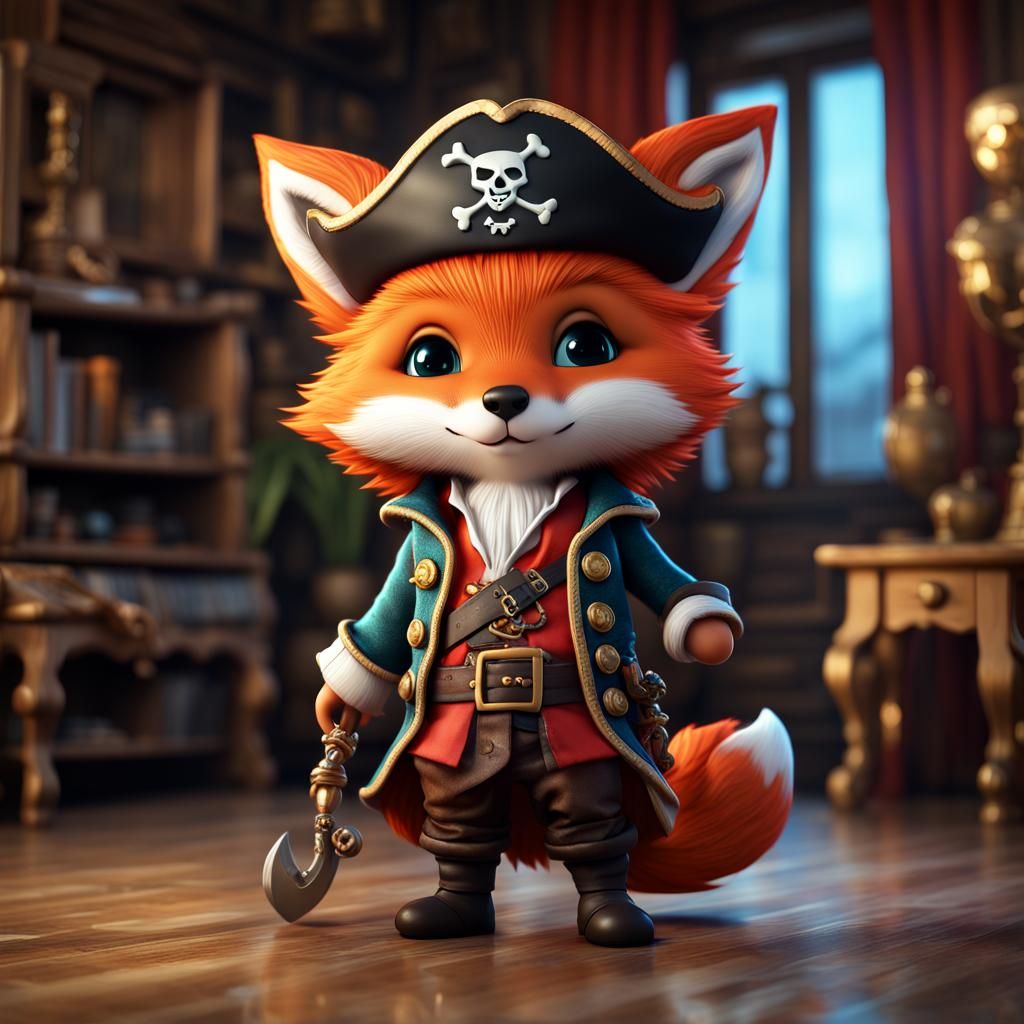Adorable Chibi Fox Pirate in Hyperrealistic CGI Diorama