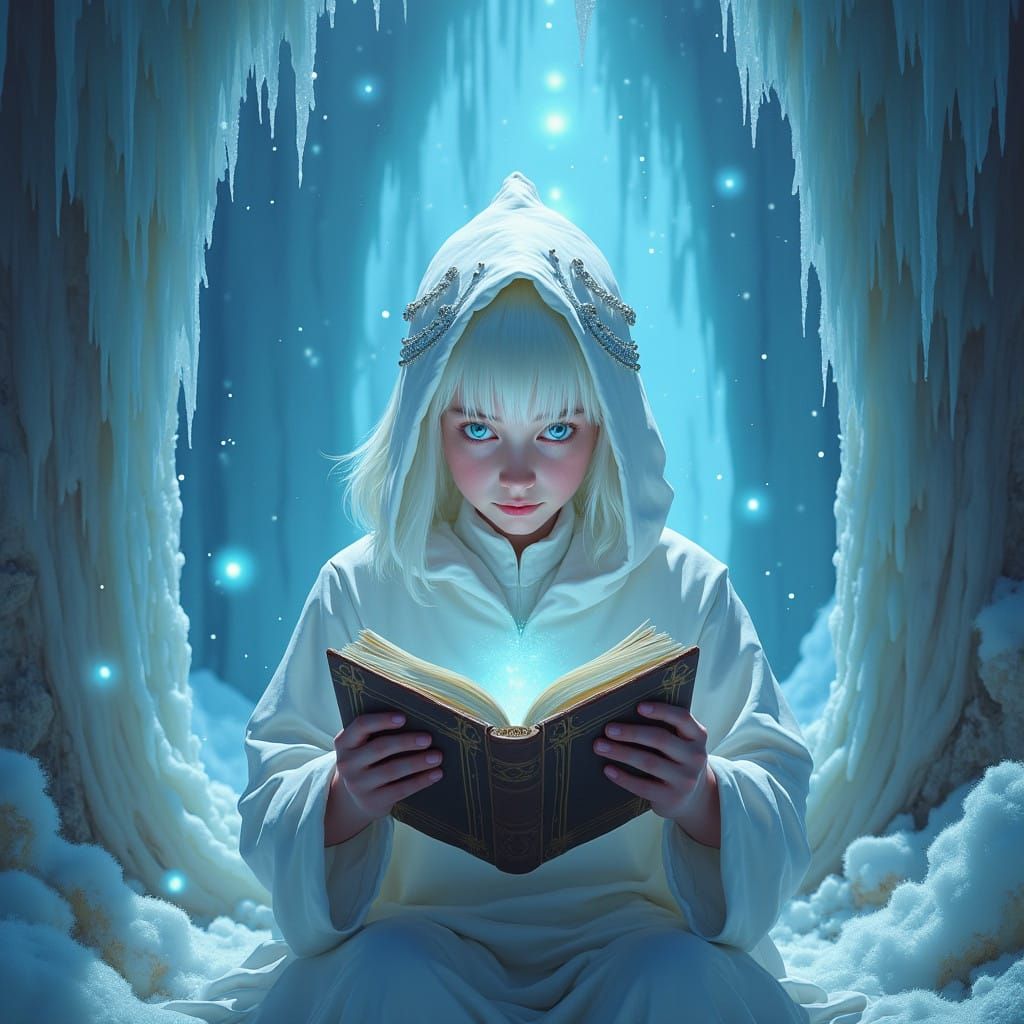 Ethereal Jewish Teenager in Icy Chamber, Wearing Tefillin an...