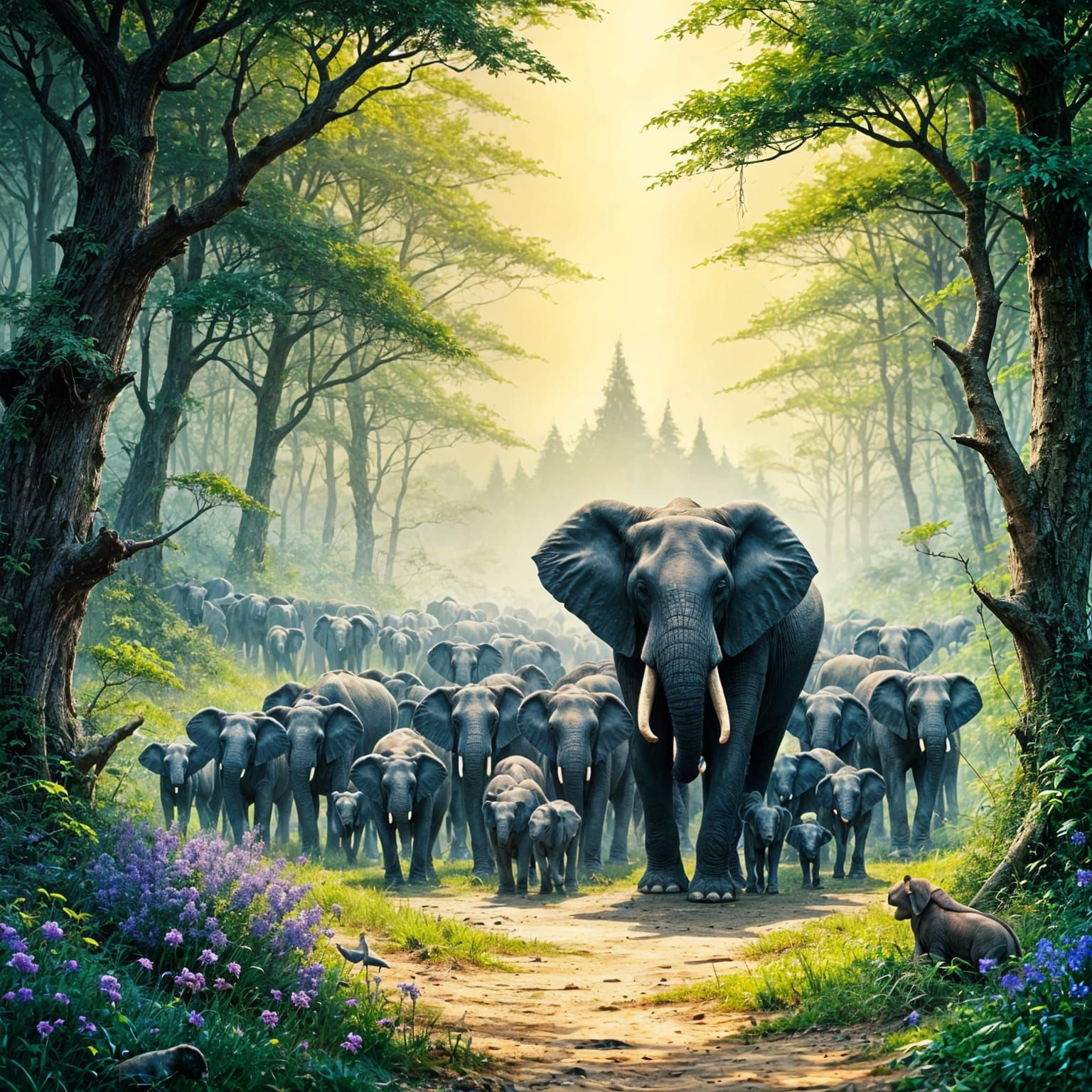 <lora:Akimora:1.0> A majestic herd of elephants gathered clo...
