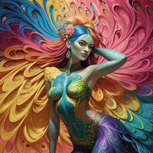 Dragon Peacock Woman in Abstract Expressionist Style