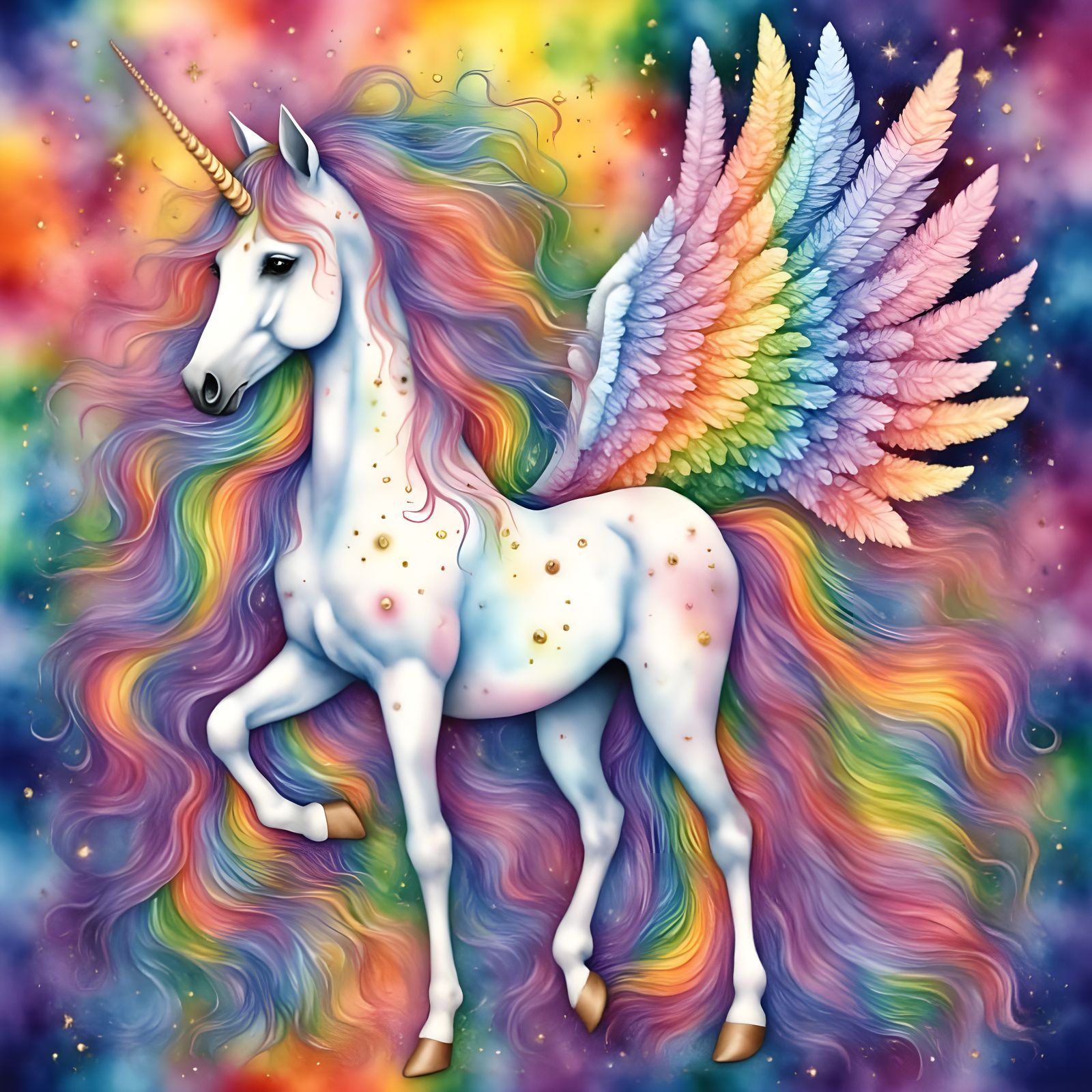 Whimsical Rainbow Unicorn Peacock in Ethereal Digital Art