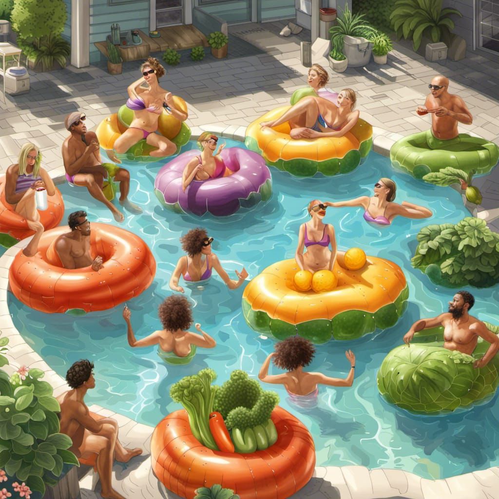 Vegetables Pool Party in Realistic Digital Art