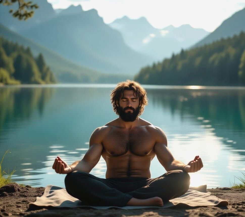 Man Meditating by Serene Lake in Ethereal Light