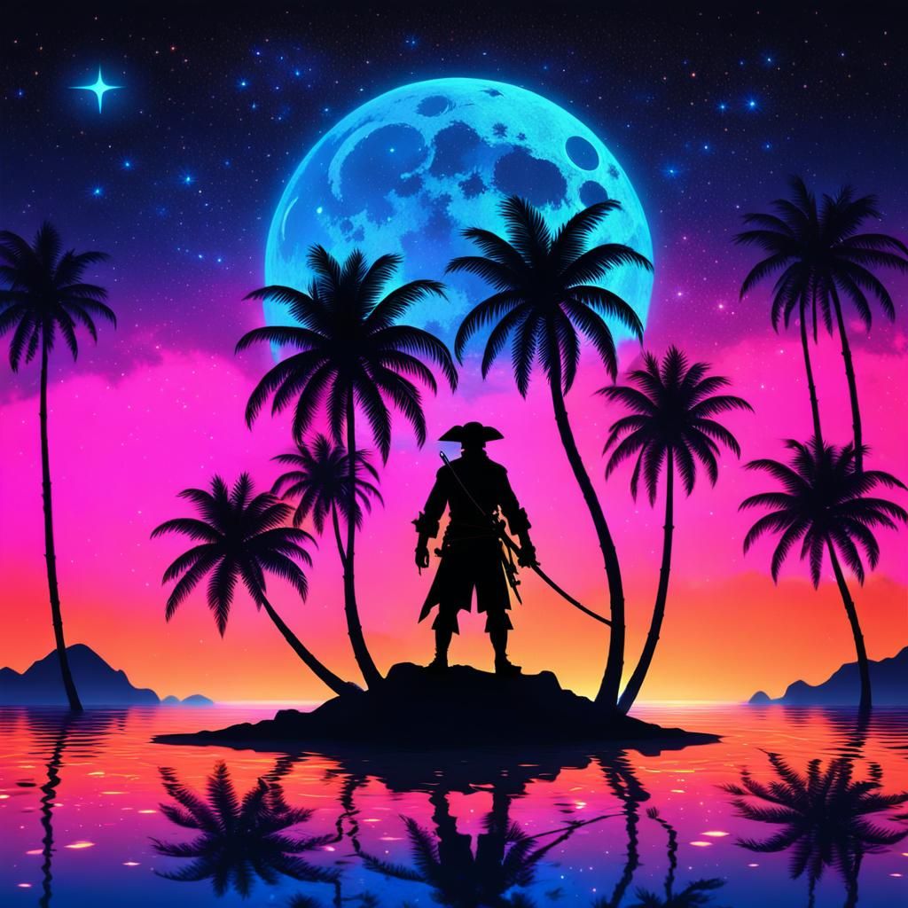 Neon Pirate Sunset Island in Hyperdetailed 3D