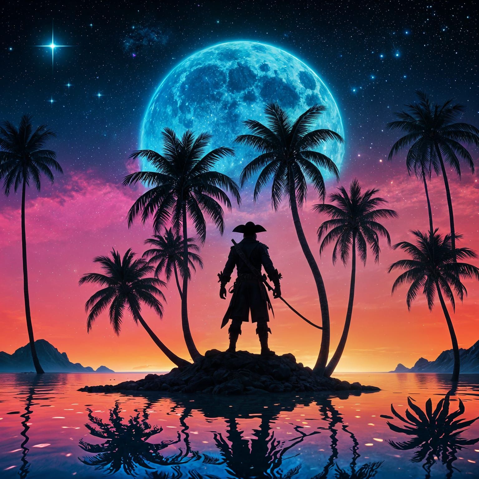Pirate Silhouette at Neon Sunset, 3D Render