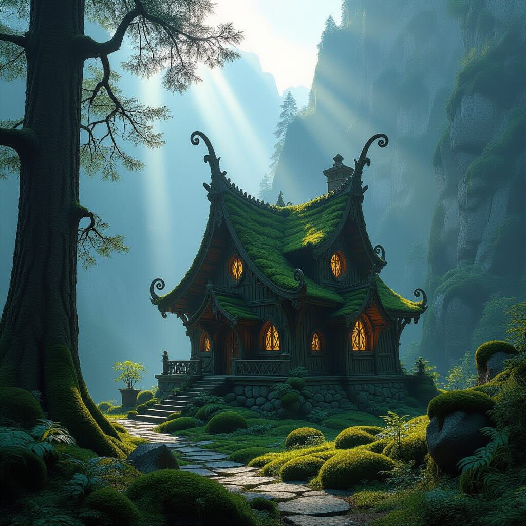Elven Cottage in Misty Mountains Digital Matte Painting