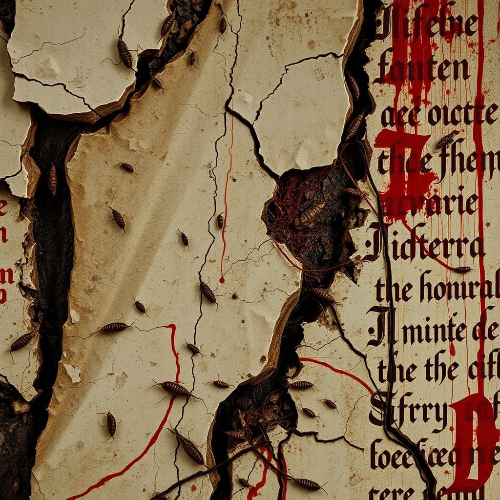 Baroque Church Fresco in Decay, with Macabre, Crimson-Hued C...