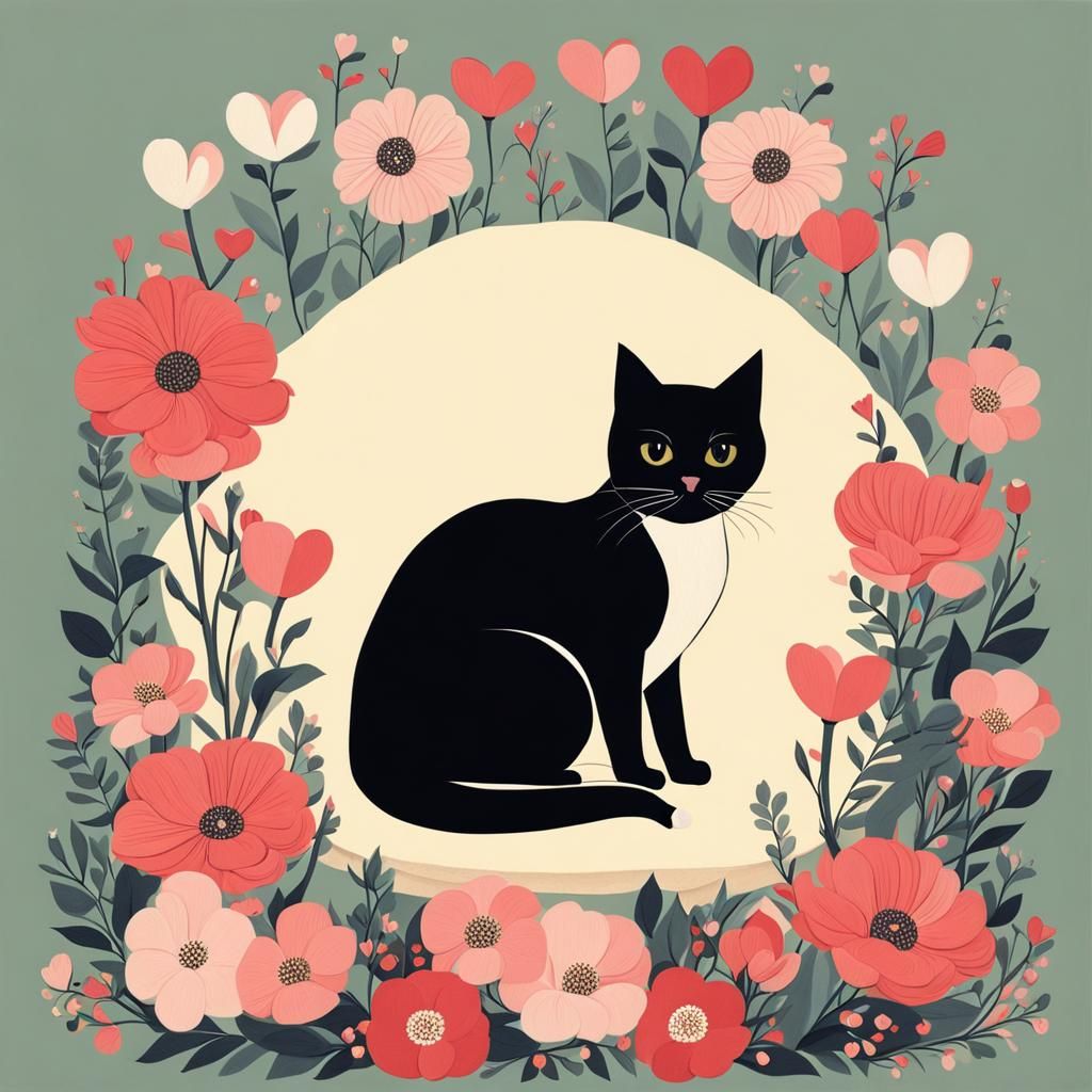 Cute Cat Surrounded by Flowers in Naive Art