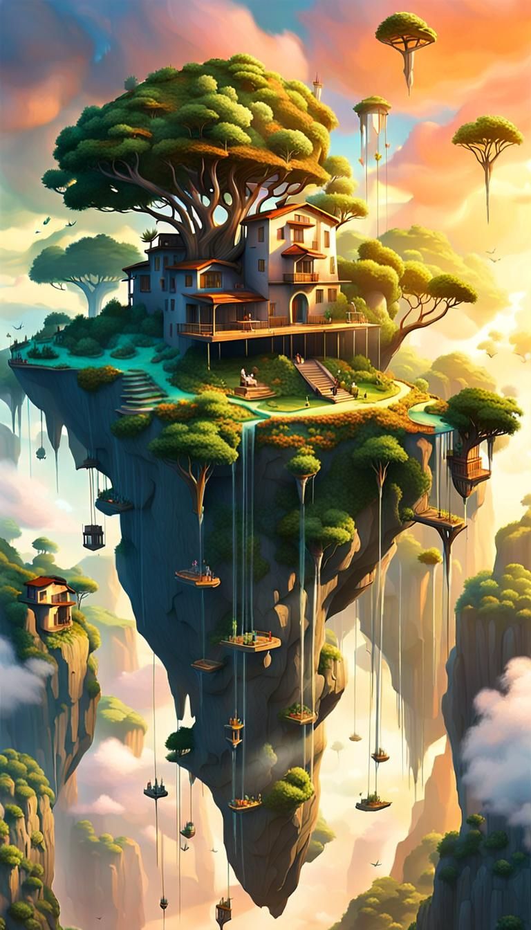 Surreal Floating Island with Twisted Cliffs and Glowing Tree...