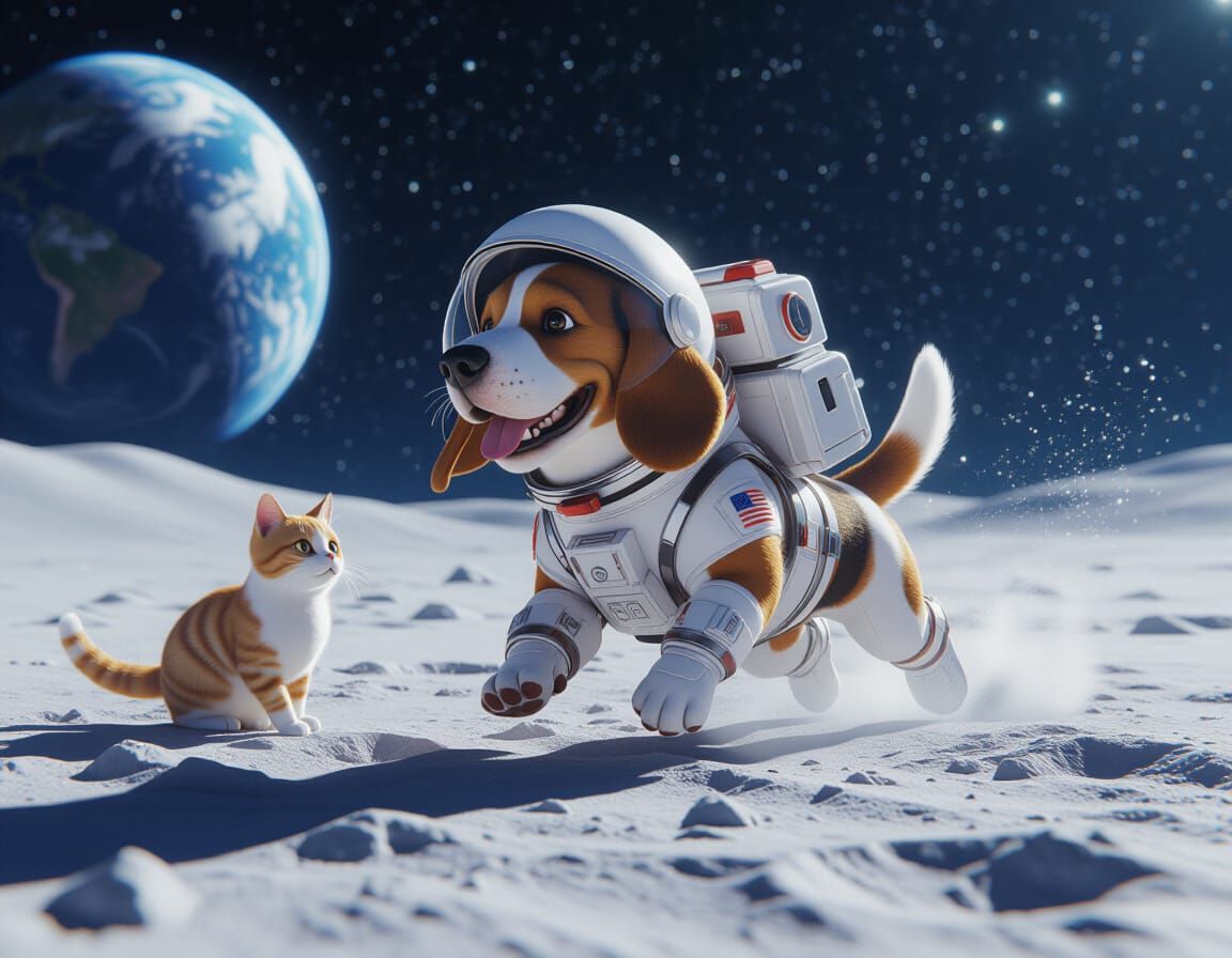 Basset Hound Space Dog vs. Space Cat on Moon