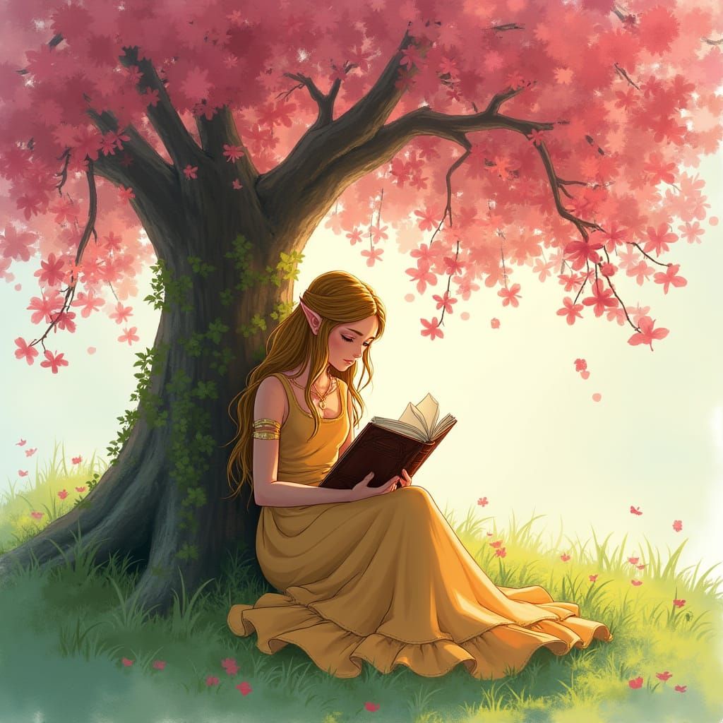 Whimsical Zelda Reads Under a Vibrant Blossoming Tree in Dre...