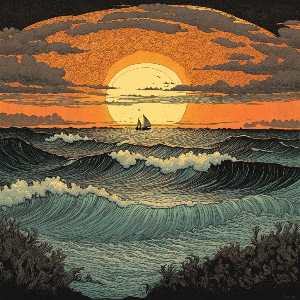 Ocean Sunset After Storm in Etching and Aquatint