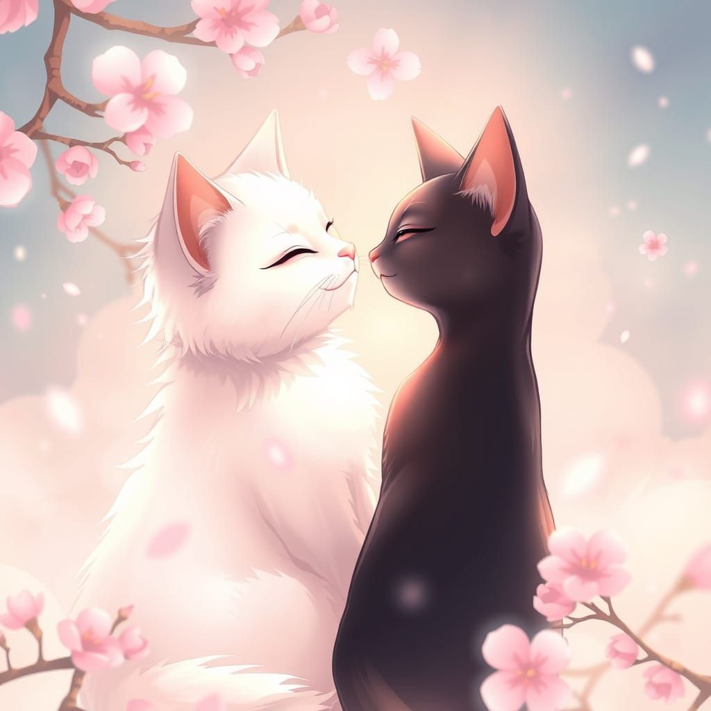 Romantic Anime Cats in Cherry Blossoms