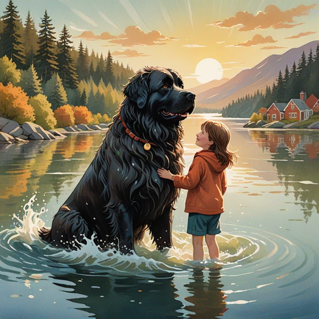 Newfoundland Dog Rescues Child in Whimsical Storybook Illust...