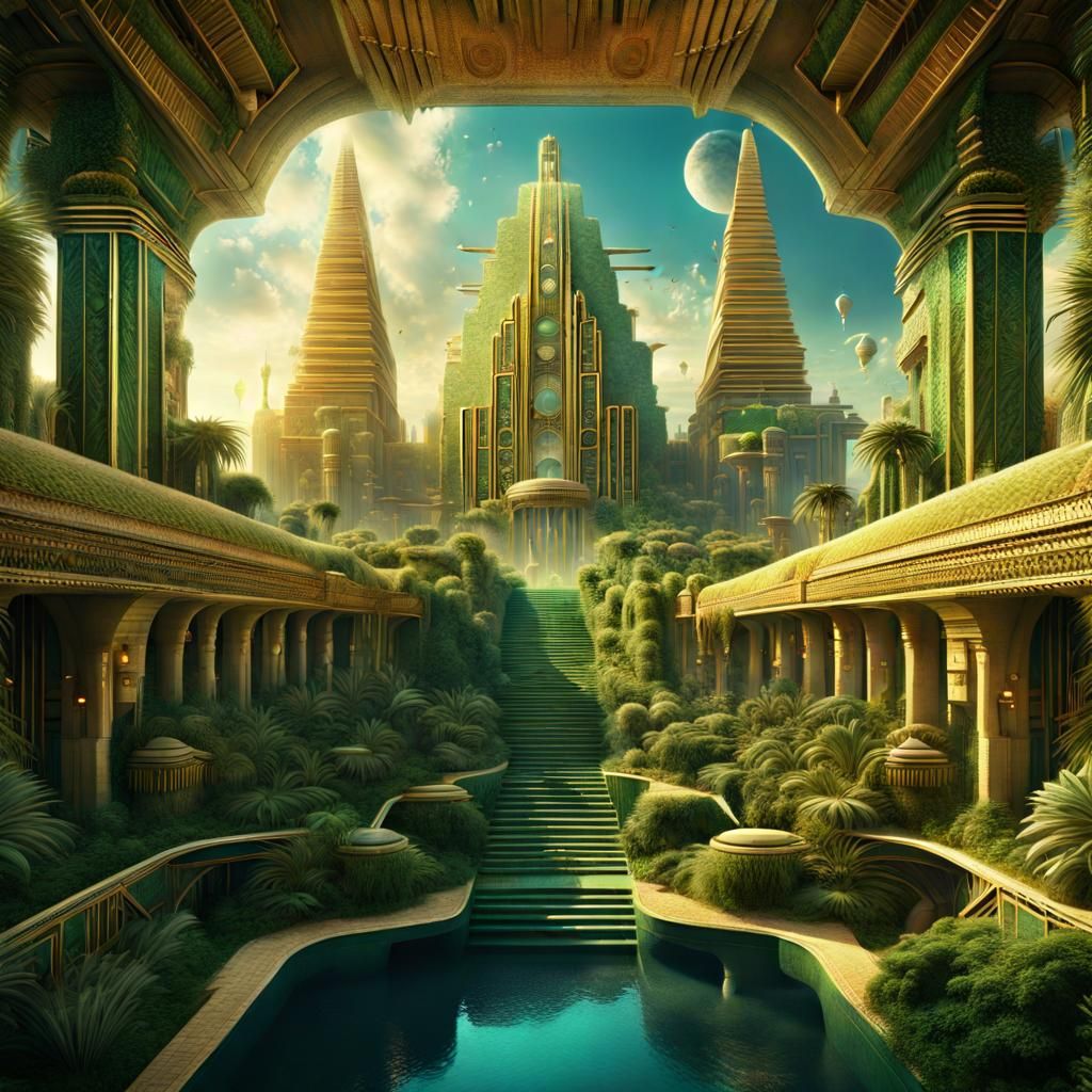 Futuristic Art Deco Hanging Gardens of Babylon