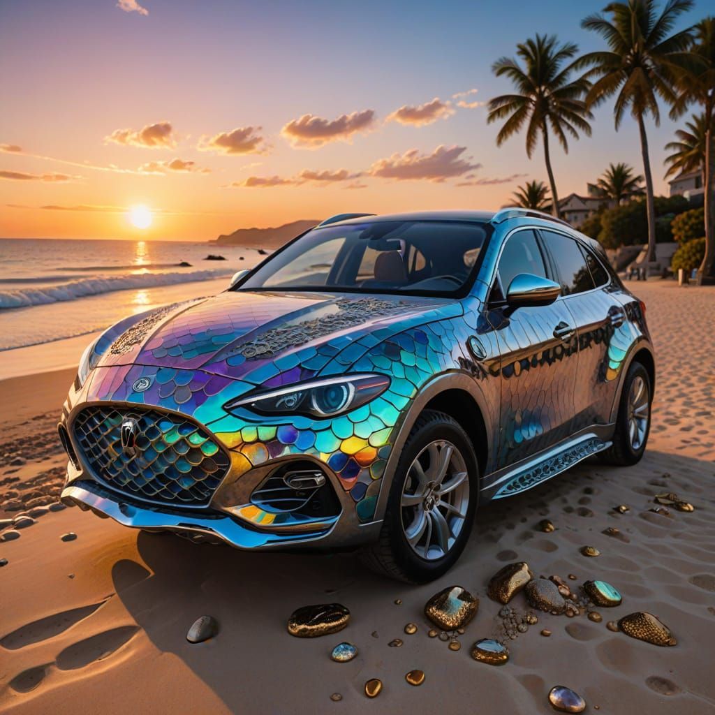 Iridescent Opal Mermaid Car on Beach: Baroque Sculpture