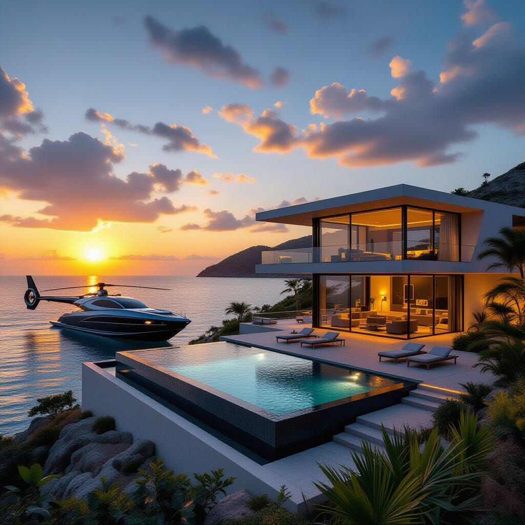 Ultramodern Island Villa with Yacht, Cinematic Film Still
