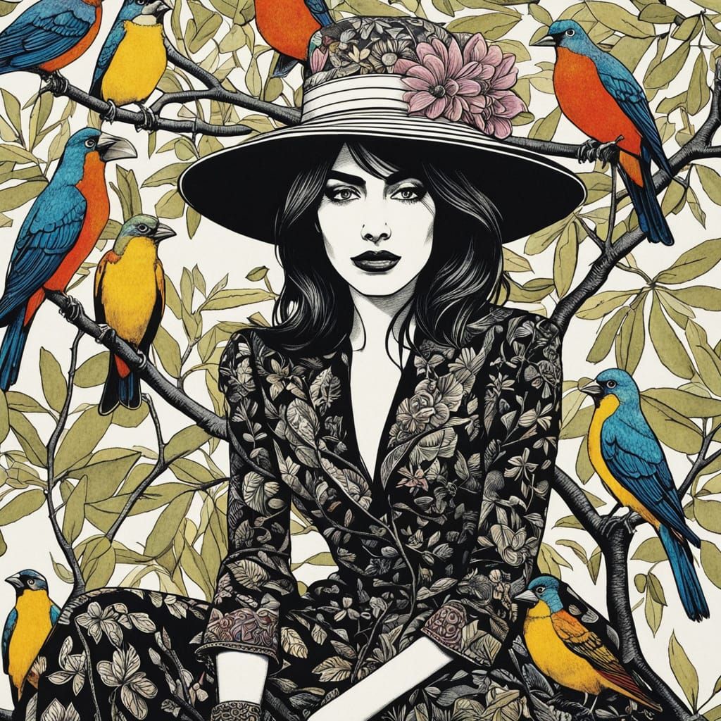 Whimsical Young Girl in Floral Outfit Surrounded by Colorful...