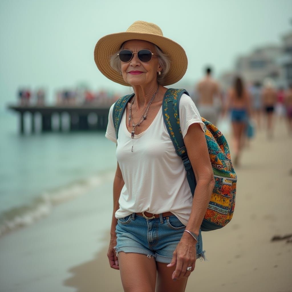 Hyperrealistic Grandma Walks Pier in Youthful Clothing