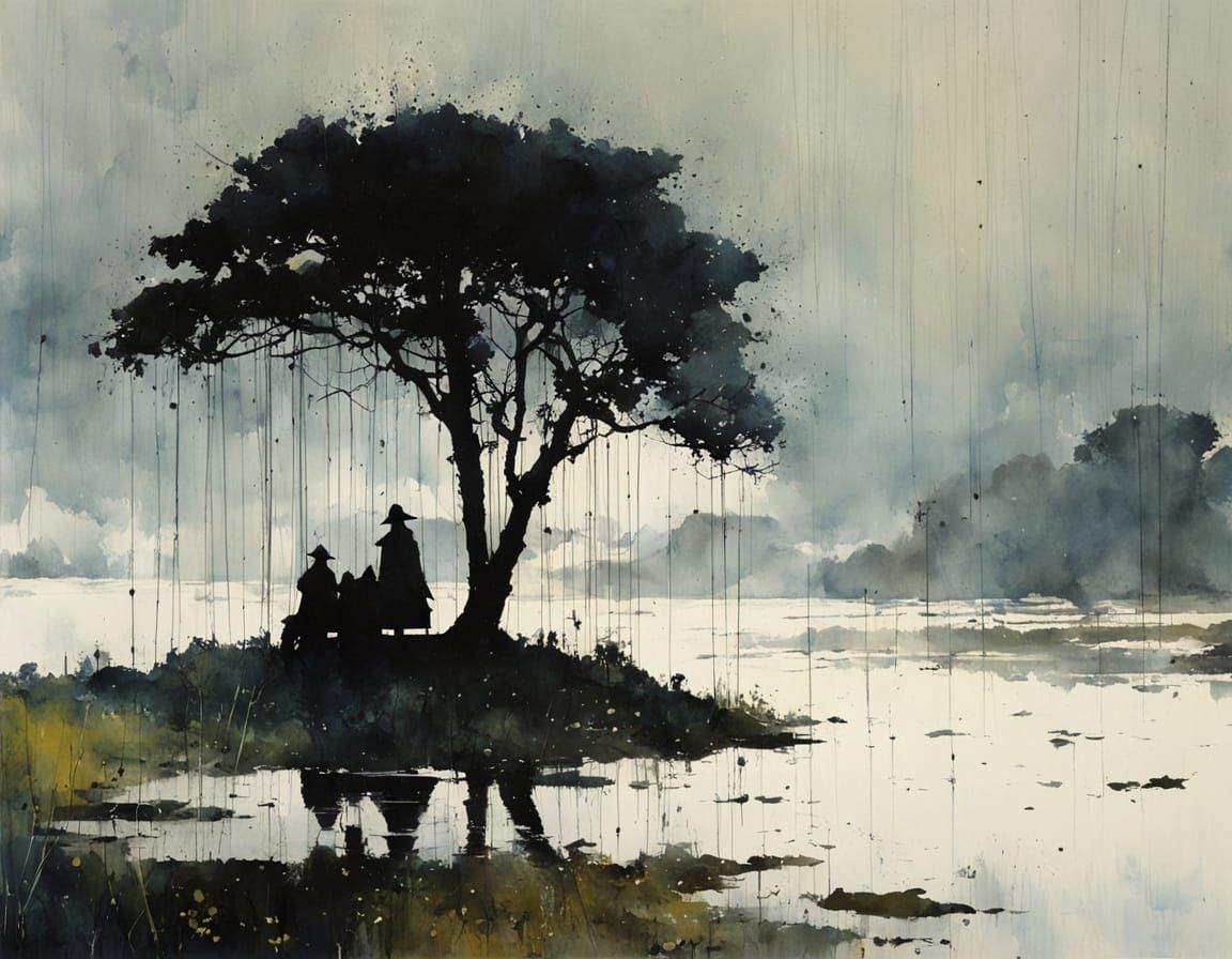 Surreal Spring Rainforest Scene in Watercolor Style