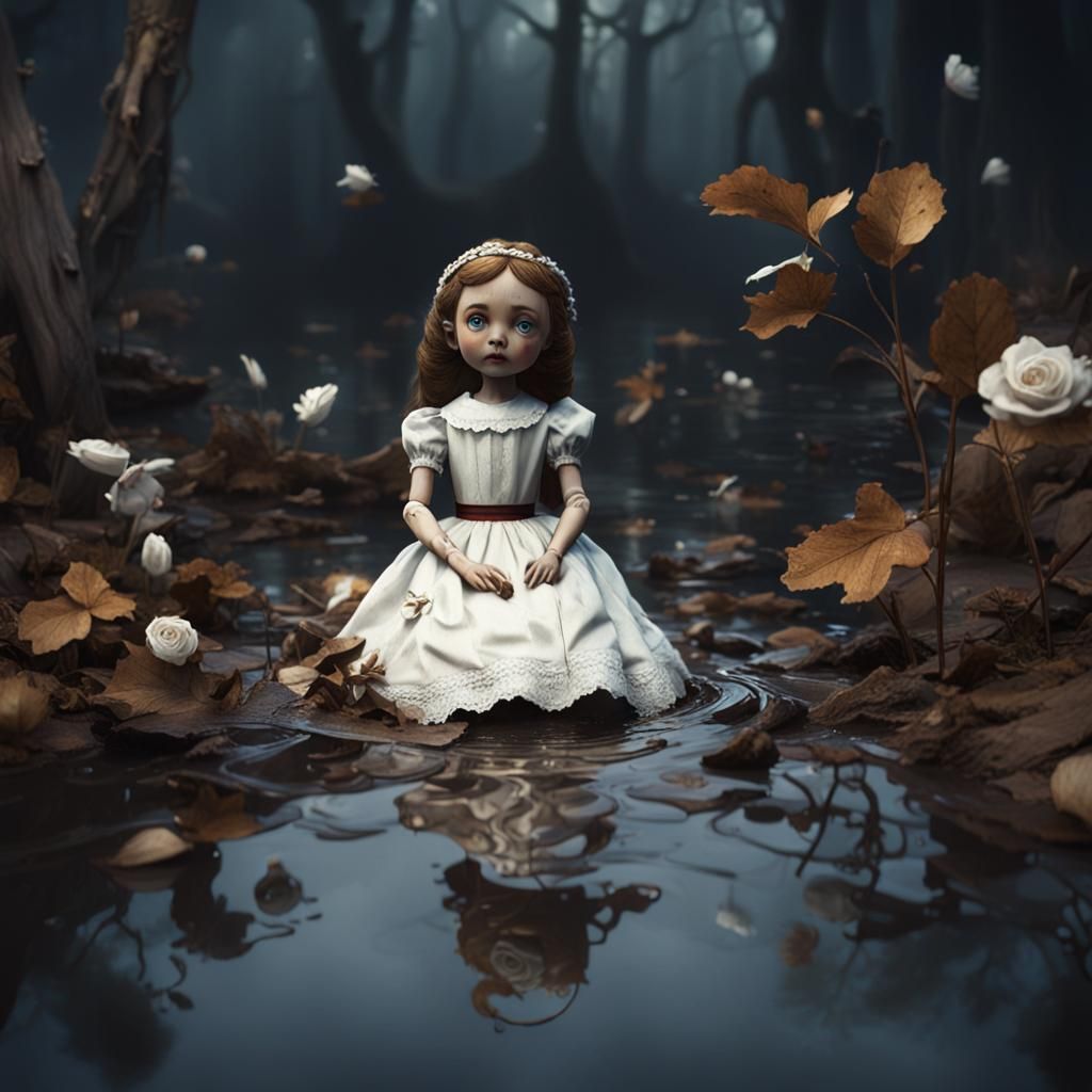 Eerie Old-Fashioned Doll in a Puddle: Detailed Matte Paintin...