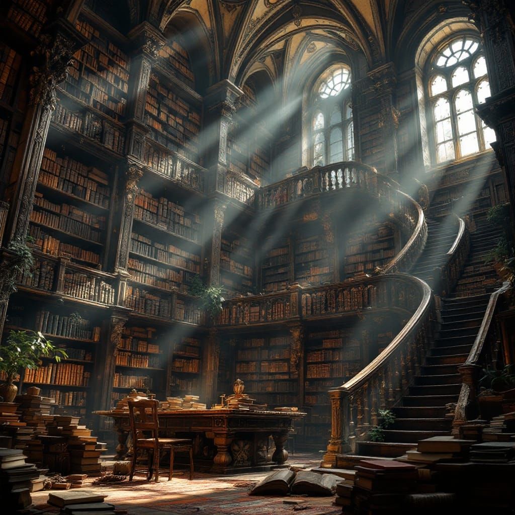 Majestic Ancient Library with Intricate Carvings and Warm Li...