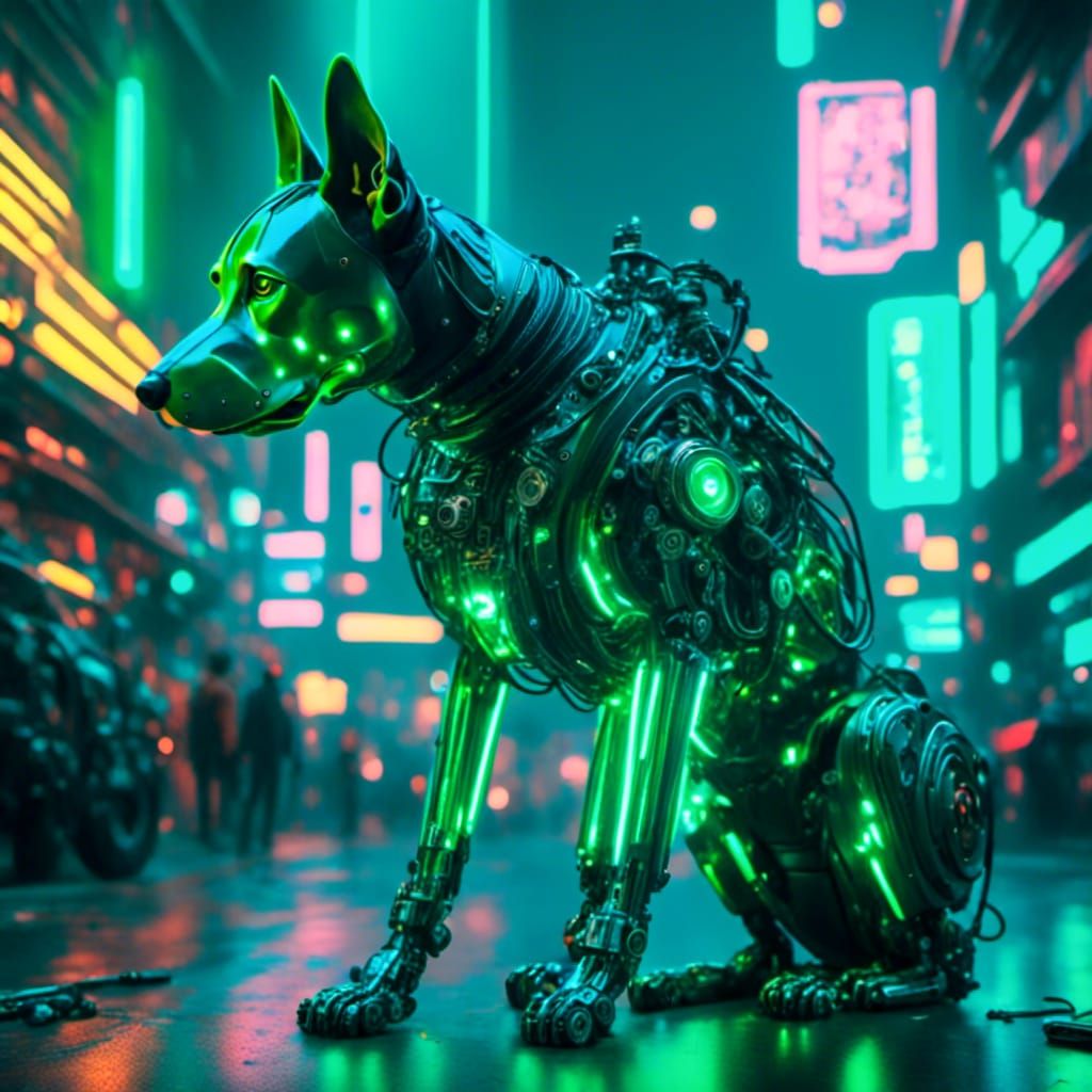 Cyborg Police Dog Projecting a Movie in Cyberpunk Style