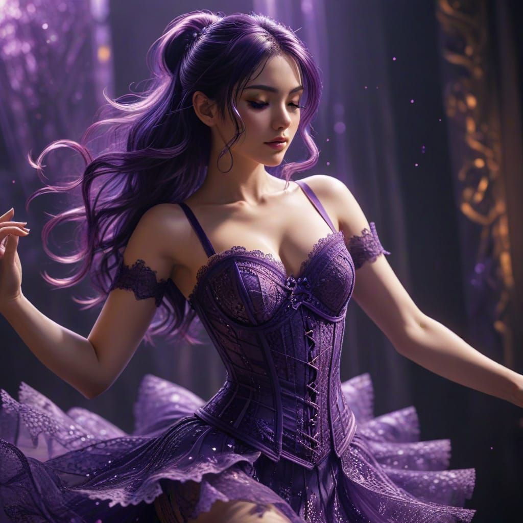 Anime Woman Dancing in Purple Lace, Manga Style