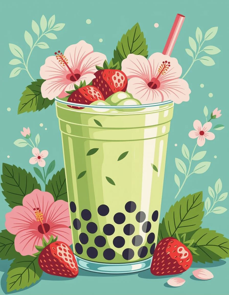 Matcha Boba Tea with Strawberries and Hibiscus Flowers
