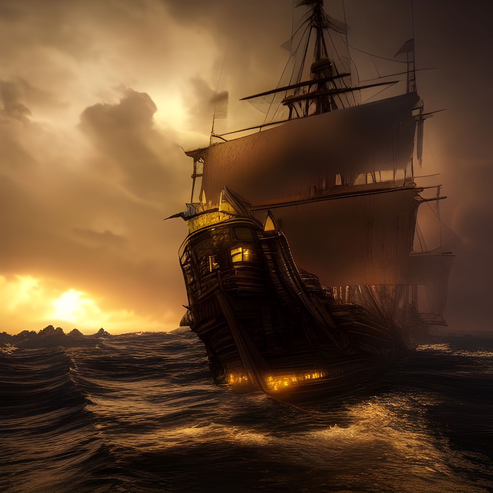 Pirate Ship Amidst Stormy Seas in Cyberpunk Style