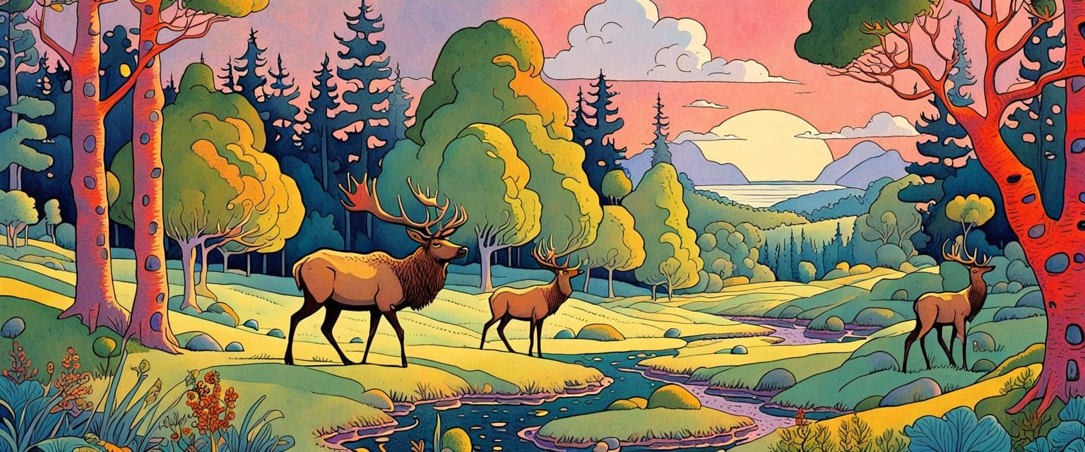 Naive Forest Glade with Elk in Retro Comic Style